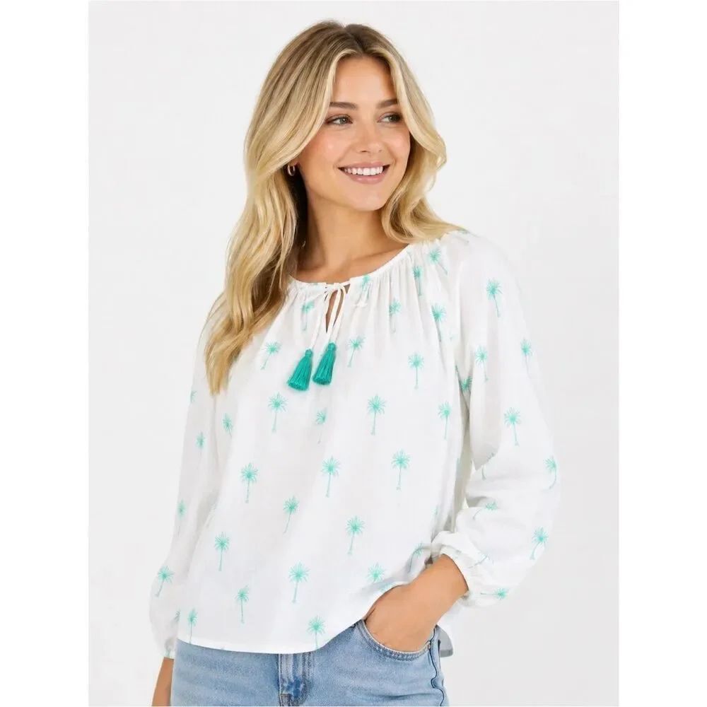 J. Crew White and Green Palm Tree Print Blouse